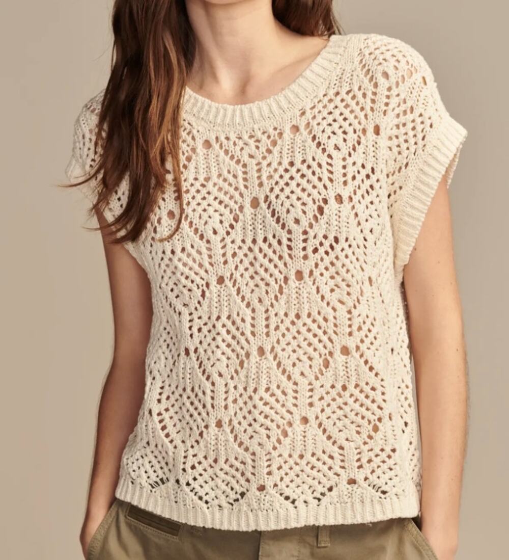Lucky Brand Open Knit Cream Cotton Sweater Vest -Preppy, Boho, Neutral